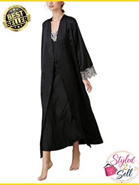 Satin Nightgown and Robe Set Lace Trim V-Neck Sleepwear